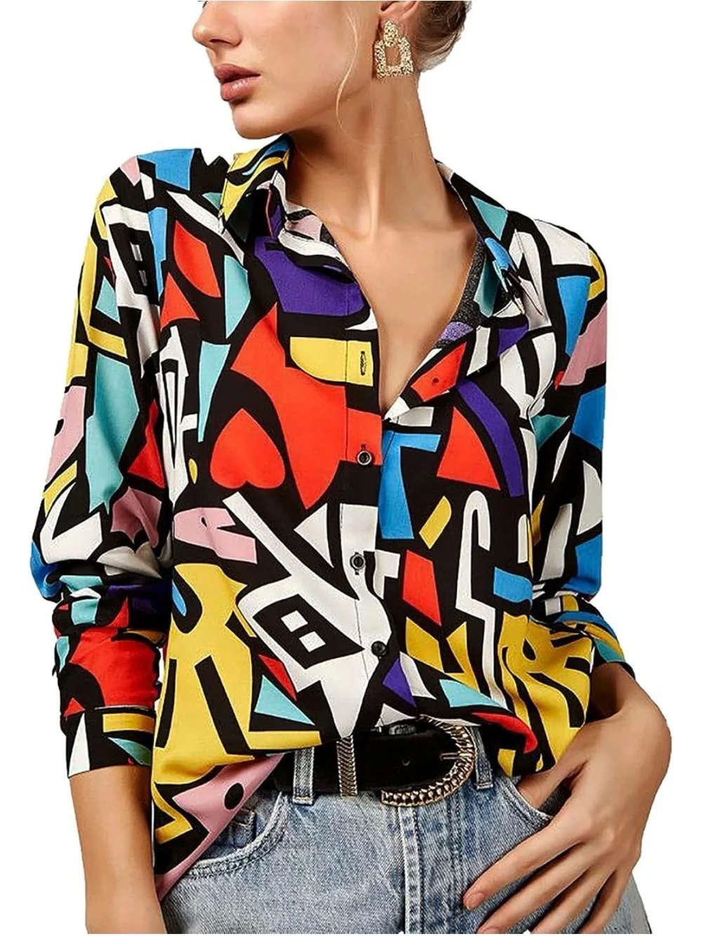 Abstract Multi-Color Button-Up Blouse - Women Tops
